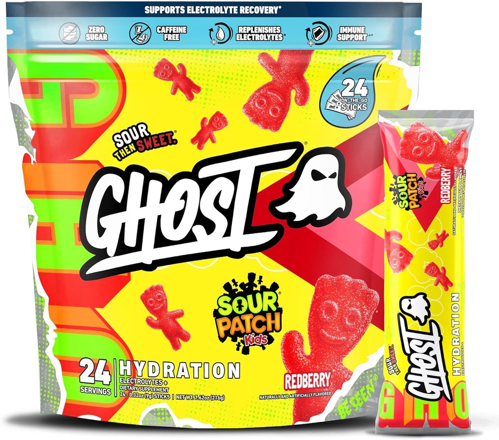 GHOST Hydration Packets, Sour Patch Kids Redberry, 24 Sticks, Electrolyte Powder - Drink Mix täydentää magnesiumin, kaliumin, kalsiumin, C-vitamiinin, Vegaani, vapaa soija, sokeri & Gluteeni