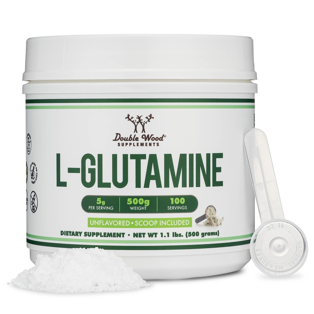 L Glutaminpulver 1.1lbs (100 portioner av 5 gram vardera - Tredje part testade L-Glutaminpulver) Osmakad, Keto, Vegan Friendly (med Scoop) för träningsuthållighet och tarmhälsa av Double Wood