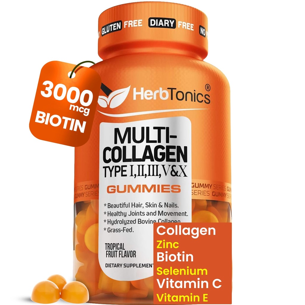 Herbtonics Multi Collagen Gummies with Biotin & Vitamiin C, Hydrolysed Collagen Peptides Tyypit I, II, III, V, X hiukset, iho, kynnet, & Bone Support - Trooppinen maku, 60 Gummy