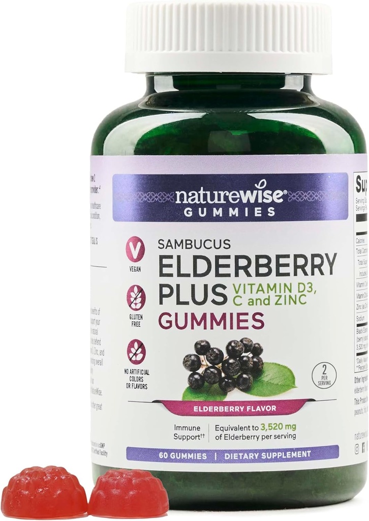 NatureWise Sambucus Elderberry Gummies - Immuuni Support Supplement for Kids Ages 4+ & Aikuinen C-vitamiinia, D3, Sinkki - Vanhemmat vastaavat 3520mg - Vegan, ei-GMO - 60 Count[30-päivä tarjonta]