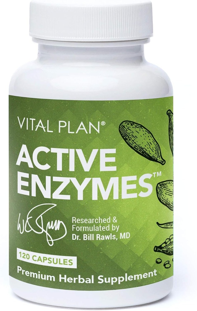Vital Plan Active Enzymes Supplement by Dr. Bill Rawls - Dgestive Enzymes for Gut Health & Digestion - Proteaasi, bromasiini, laktaasi, amylaasi & Lipase (120 kapselia)