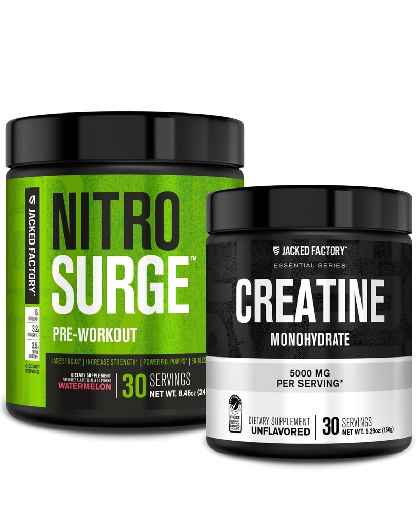 Jacked Factory NITROSURGE Pre-Workout täydennysosa - Intense pumput (30 tarjoilua, vesimeloni) & Creatiini Monohydraatti Powder for Muscle Growth (30 tarjoilua, makuamaton)