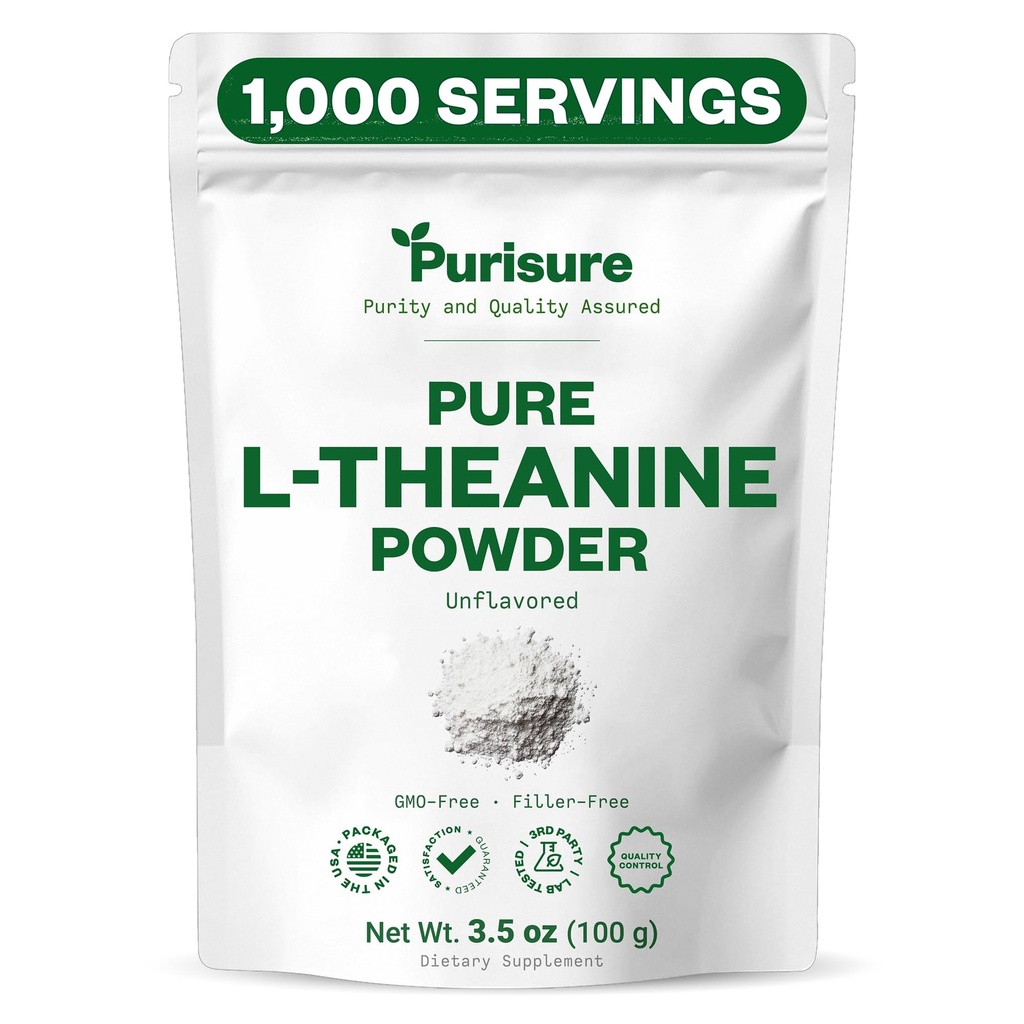 Purisure L-Theanine Powder, 100 g, Pure L Theanine Powder, joka edistää rentoutumista ja Focus, Supplement for Cognitive Function, No Fillers, non-GMO, 1000 tarjoilua