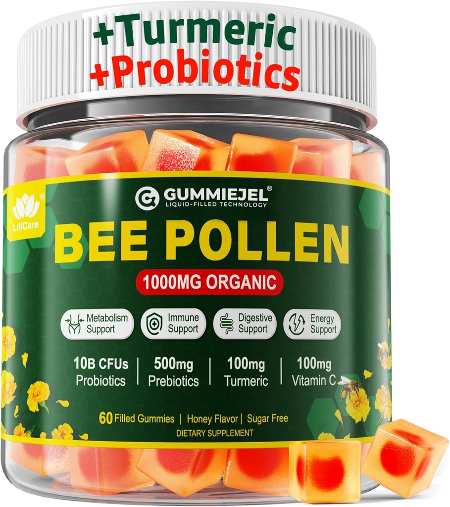 Dgestiivinen terveys ja paino Bee Pollen Organic 1000mg, w/Probiootit, Prebiootit & Turmeeric, Bee Pollen Gummies Rikas B-vitamiini, Antioksidantit, aminohapot, Ruoansulatus, paino & energia