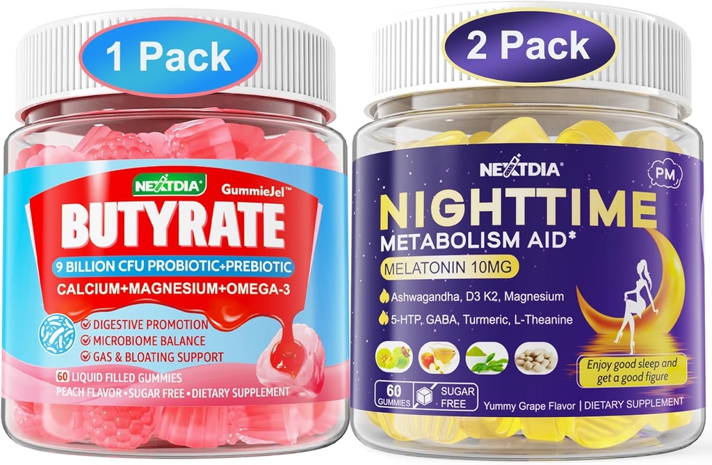 Bundle: Butyrate Gummies Probiootti + Prebiootti + Postbiootti & Melatoniini 10 mg 20 mg Night Time Metabolia Unigumies