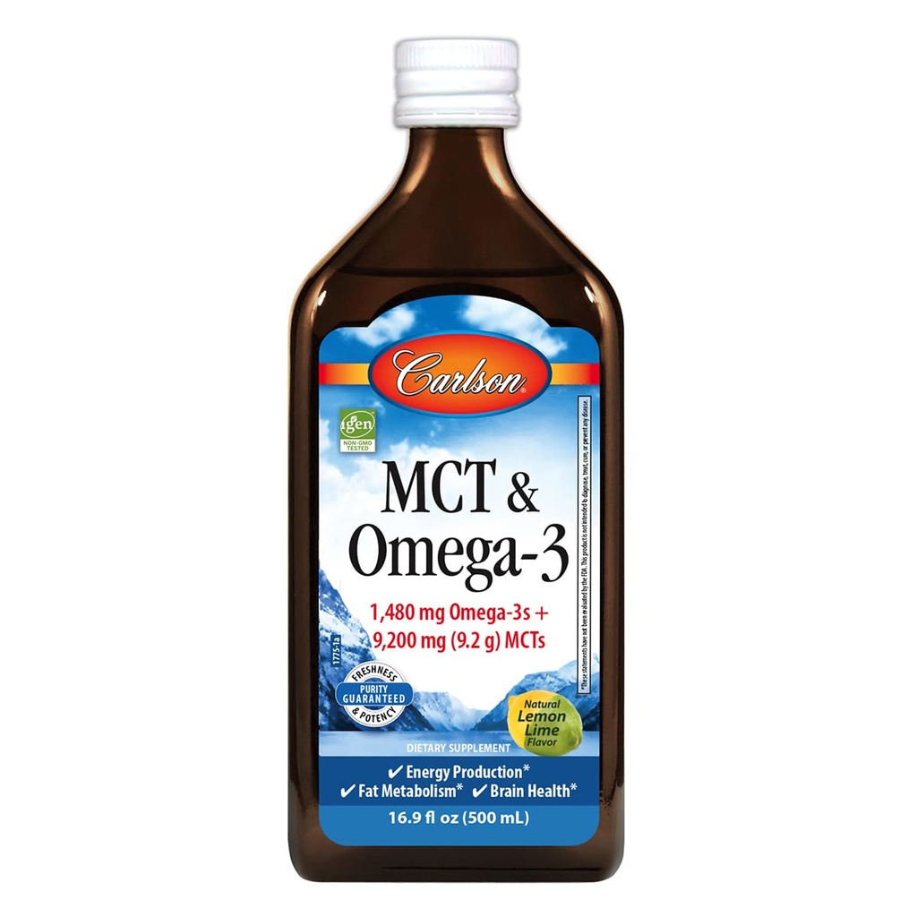 Carlson - MCT & Omega-3, 1480 mg Omega-3s, 9200 mg MCTs, Keto-frendly, Caprylic & Capric Acids, Energy Production, Fat Metabolia, Lemon-Lime, 500 ml (16,9 Fl Oz)
