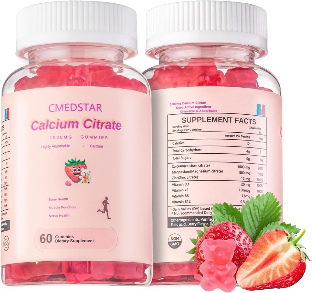Chewable Calcium Citrate Gummies 1000mg med vitamin D3 & K2, B6 & B12, Magnesium, Zink för Bones, Muscles & Joints, Immunity & Memory Support, Sugar-Free, Gluten Free, Vegetarian, Strawberry, 60 Count