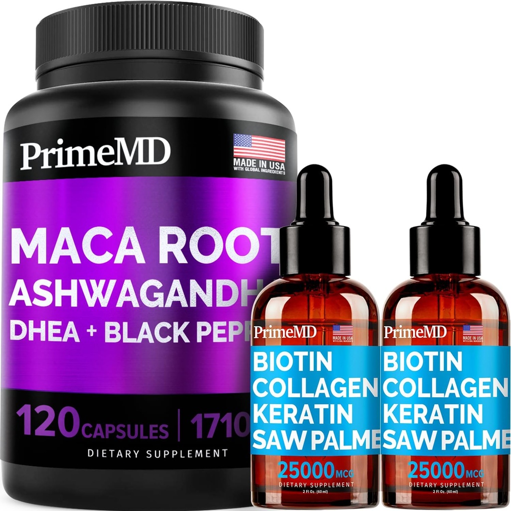 4-in-1 Liquid Biotin Collagen Keratin Saw Palmetto Drops (2 fl oz - 2 Pack) & 6-in-1 Maca Root Ashwagandha w Black Pepper Fruit (120ct) Bundle - Hiukset, iho, kynnet, energia & huopa tuki täydentää