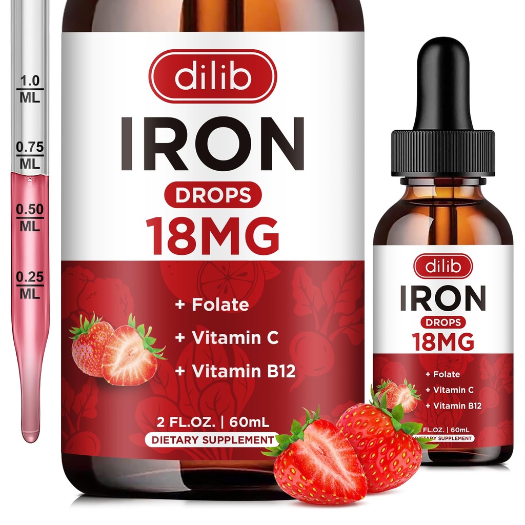 Flytande järntillskott för kvinnor och män järn droppar järntillskott för anemi med folat, vitamin C, B12 för Red Blood Cell Support-Strawberry, 2 Fl Oz
