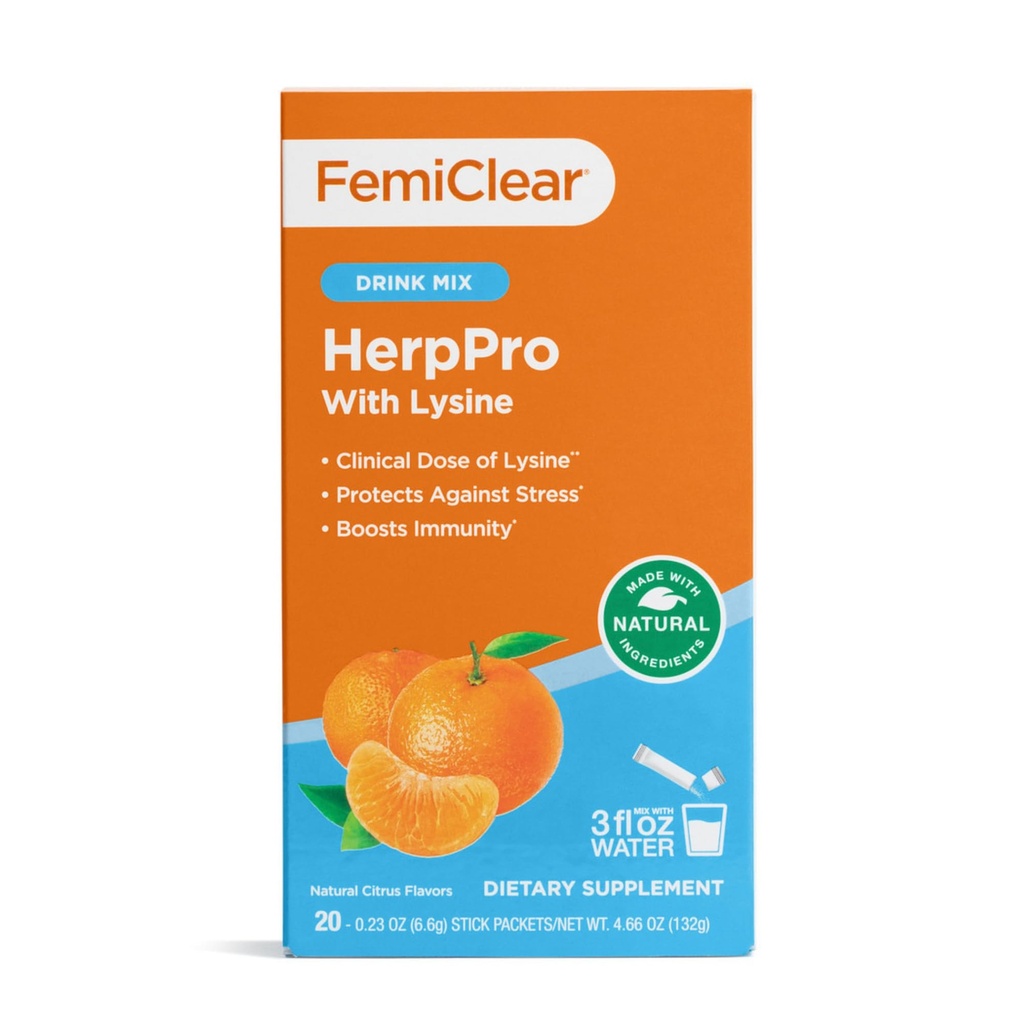 FemiClear HerpPro Drink Mix, jossa on L-Lysine 3000 mg, sinkki, A- ja C-vitamiinit, Ashwagandha, naisten ja miesten immuniteetin ja stressin yhdistelmä, 20 pakettia