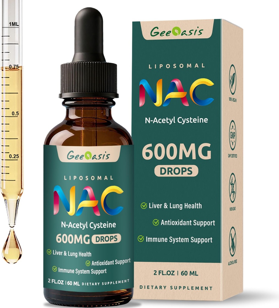 Liposomal Liquid NAC Supplement N-Acetyl Cysteine Drops, N Acetyl Cysteine 600 mg med Quercetin & Zink för vuxna och barn, Liver & Lung Support, Antioxidant, Immune & Skin Health, 2 Fl Oz