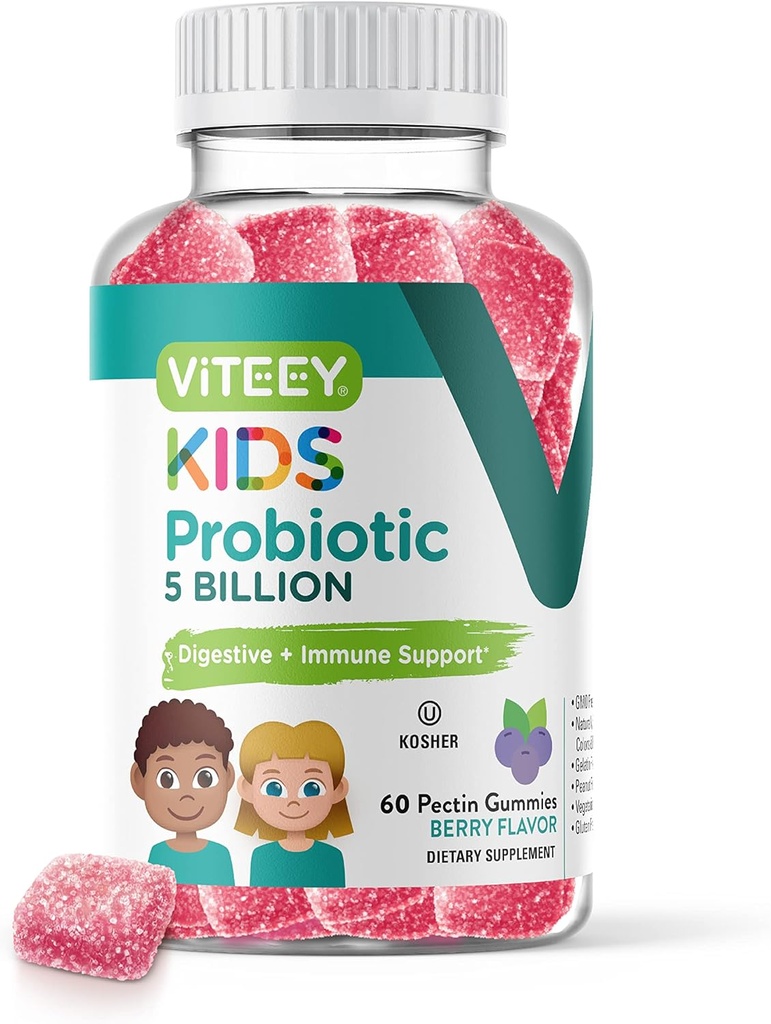 Viteey Probiotic Gummies for Kids - 5 miljarder CFUs - Probiotics Kids Constipation Relief, Natural Immune & Digestive Health Support - Vegetarian, Gelatin Free, GMO Free - Tasty Berry Flavored Gummy