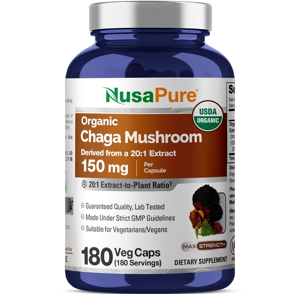 NusaPure Chaga Mushroom 20:1 Extract, 150 mg, mikä vastaa 3000 mg per kasviskapseli, 180 kreivi, USDA Organic, Vegan, ei-GMO