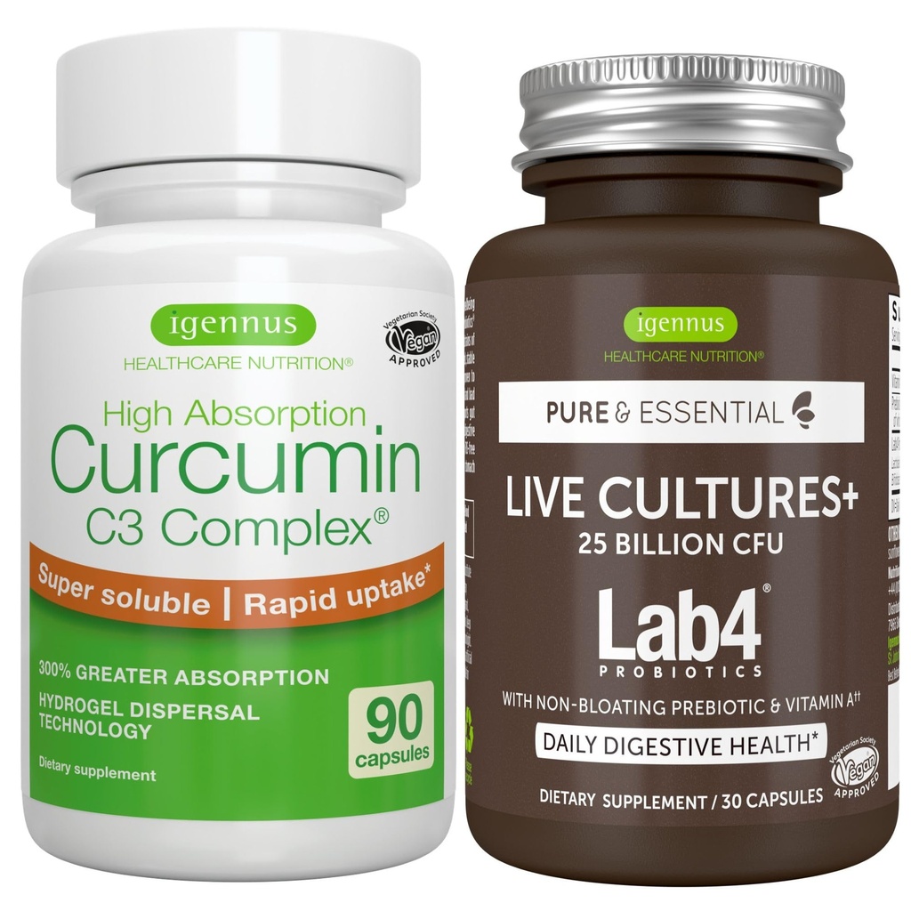 Elävät kulttuurit+ Lab4 Probiootit + suuri imeytyminen C3 Complex Vegan Bundle, 25 miljardia PMY Probiootti, ei-bloating Prebiootti + 300% Suurempi imeytyminen Kurkumanoidit kanssa nopea otto, Igennus