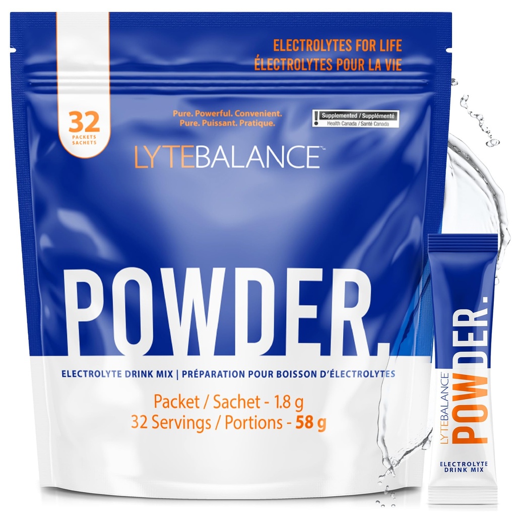 LYTE BALANCE Powder 32 Double Strength Packets, Naturally Salty Electrolyte Drink Mix W/Sodium, Kalium & Magnesium | Daglig Hydration, Muscle Recovery, Immune Support | Keto, Paleo, No Sugar