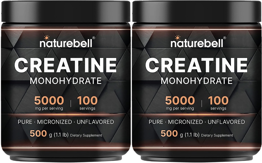 NatureBell 2 pakkaus Creatiini Monohydraatti Powder 500g, 5 000 mg per tarjoilu . Mikronoitu, puhdas ja makuton.