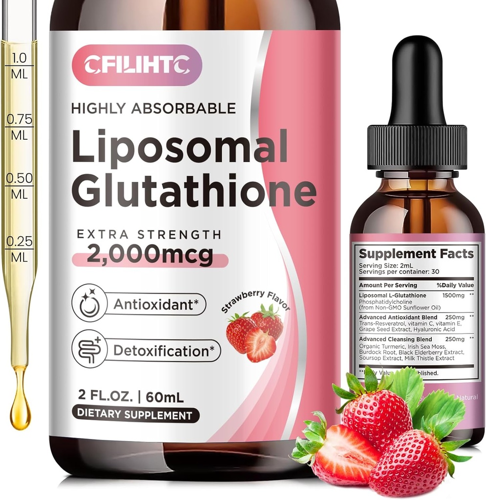 Liposomaalinen glutationi Nestemäiset tippurit, glutationinestemäinen lisäaine, aktiivinen L-glutationi, C-vitamiini, maksadetox, antioksidantti anti-agingille, immuuni- ja puhdistusaine, mansikan maku, 2 FL.OZ