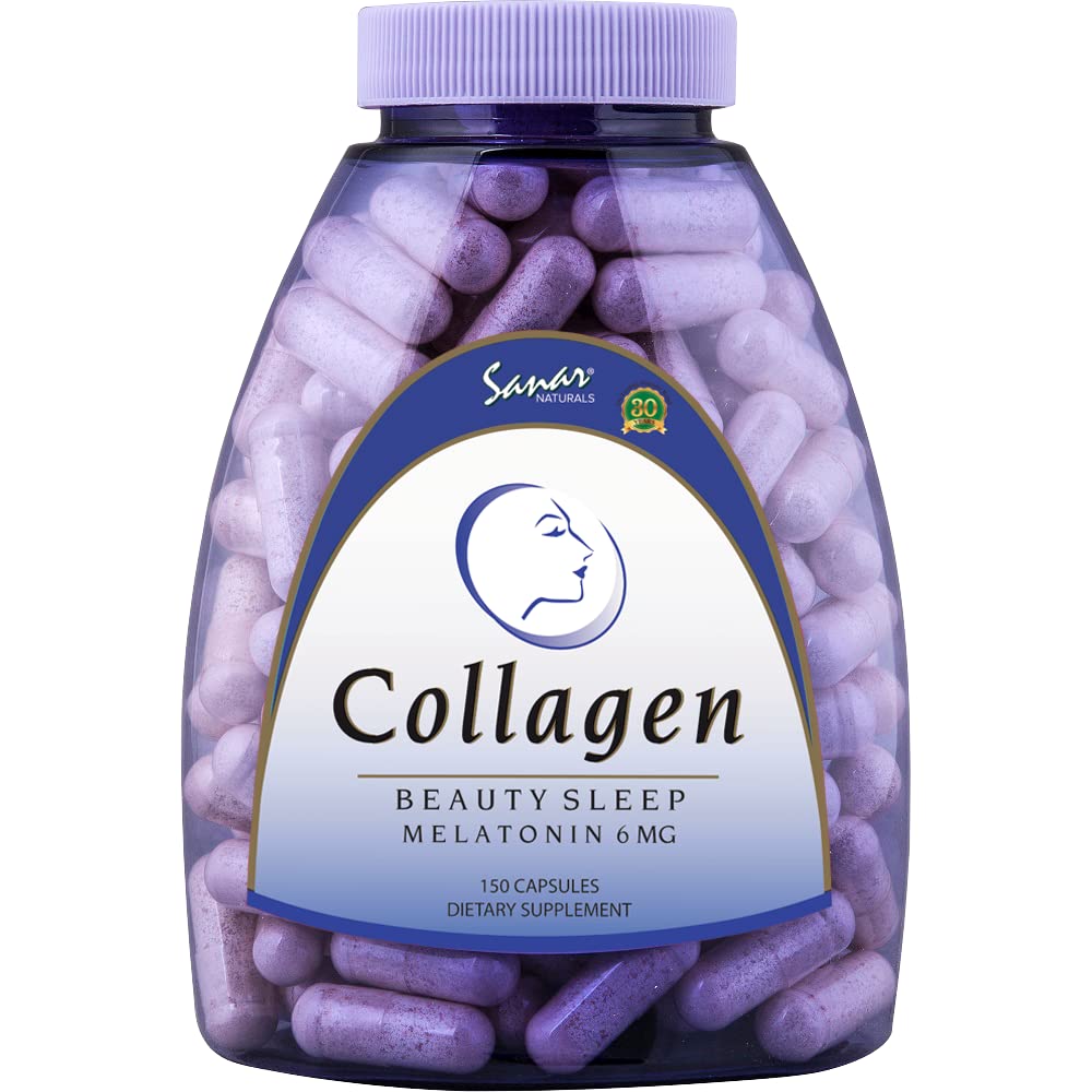 Sanar Naturals Collagen Pillerit Kauneus Nuku melatoniini 6 mg - Boost hiukset ihon kynnet nivelet - Hydrolysed Collagen Peptides täydentää, 150 kapselia