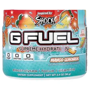 G Fuel Mango Lemonade Supreme Hydration, Electrolyte Powder Mix for Energy & Focus, sokeri ja kofeiiniton lisäaine, jossa on olennaisia vitamiineja ja kivennäisaineita, Mango Lemonade Flavor, 3.4 oz - 30 tarjoilua