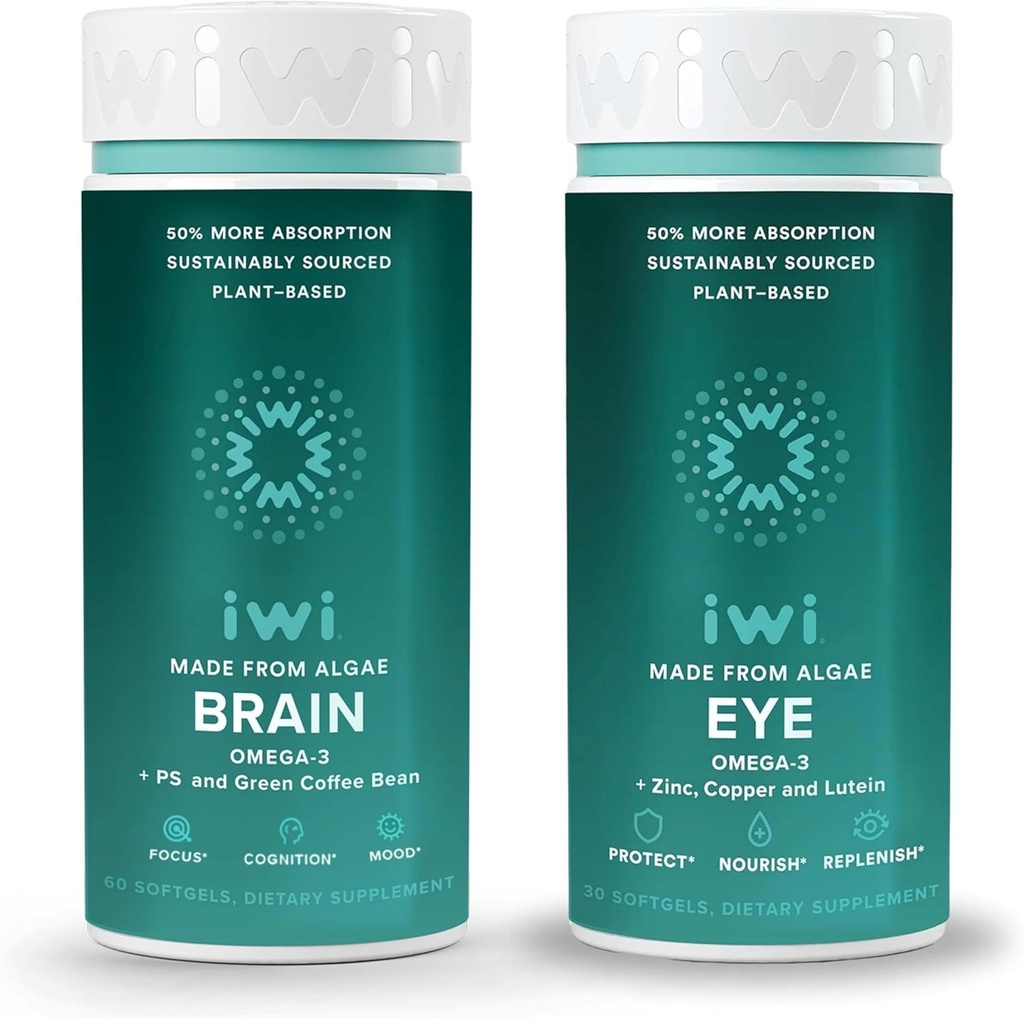 Iwi Life Brain & Eye Omega-3 Bundle, 30 Servings, Vegan Plant-Based Algae Omega 3 EPA + DHA, Krill & Fish Oil Alternative, No Fishy Aftertaste