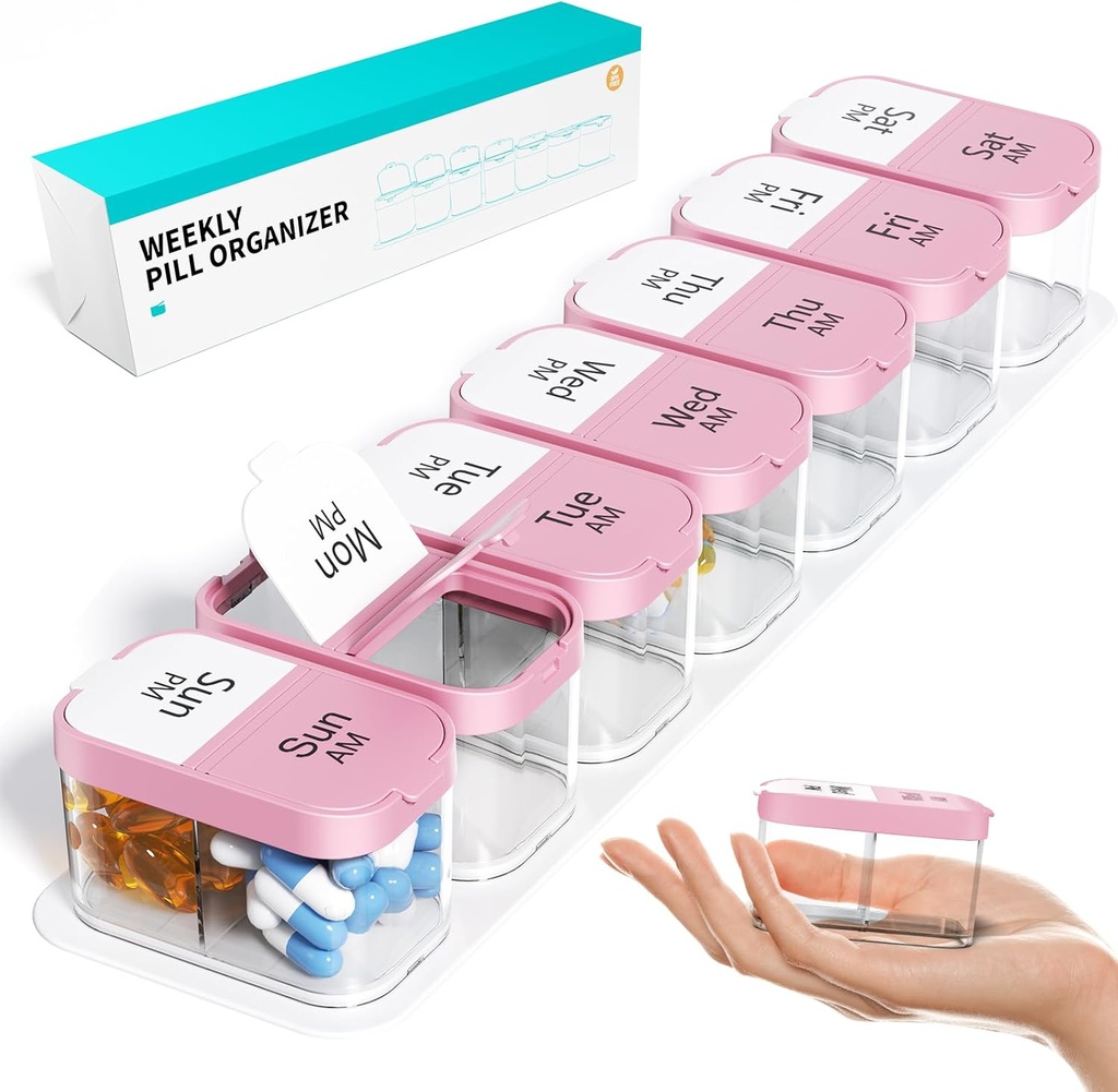 Odaro Extra Large Weekly Pill Organizer 2 Times A Day, Pill Box 7 Day Am Pm för att hålla daglig medicin Vitamin och tillägg - Rosa