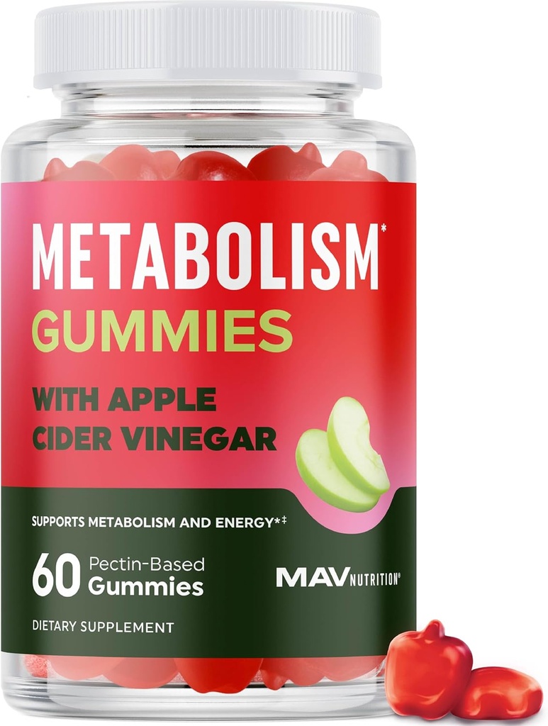 Metabolism Gummies med Apple Cider Vinegar | Energi, Digestion & Lean Body Mass Support | Apple Cider Vinegar Gummies med Modern, B12 & Folate | Metabolism Support för kvinnor och män | 60 Ct.
