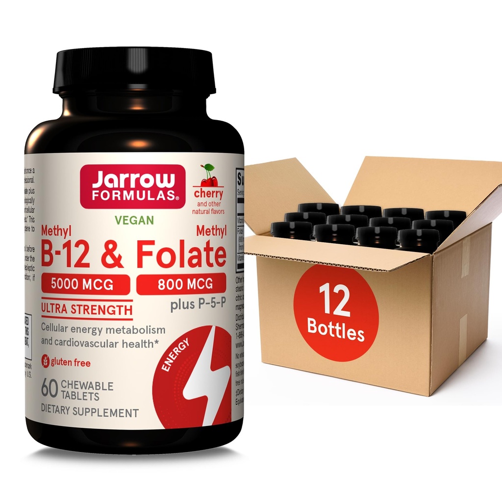 Jaarrow Formula Ultra Strength Metyyli B-12 5000 mikrog & Metyylifosaatti 800 mikrog + P-5-P, Supplement for Cellular Energy Metabolia ja Kardiovaskulaarinen tuki, 60 purutablettia, 60 päivän toimitus, 12 pakkausta