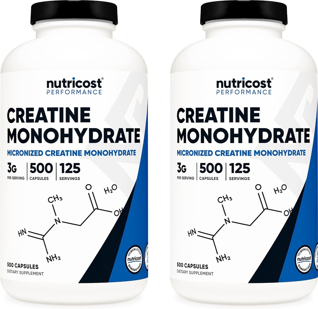 Nutricost Creatine Monohydrat 3000mg Servering, (750mg per kapsel), 500 kapslar (2 flaskor)