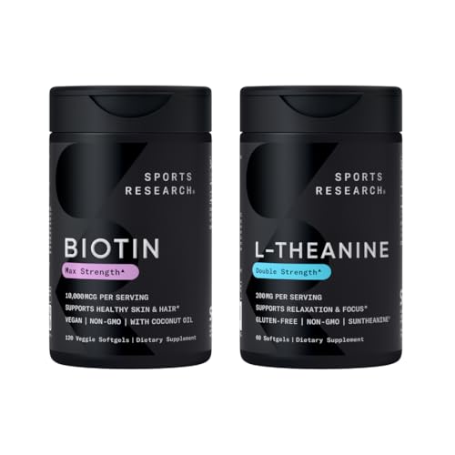 Sportforskning Vegan Biotin 10.000mcg med Coconut Oil Max Styrka Vitamin B7 120 Softgels (4 Månadsförsörjning) och Dubbel Styrka L-Theanin Supplement för Fokus, Relaxation & Alertness 200mg 60 Räkna