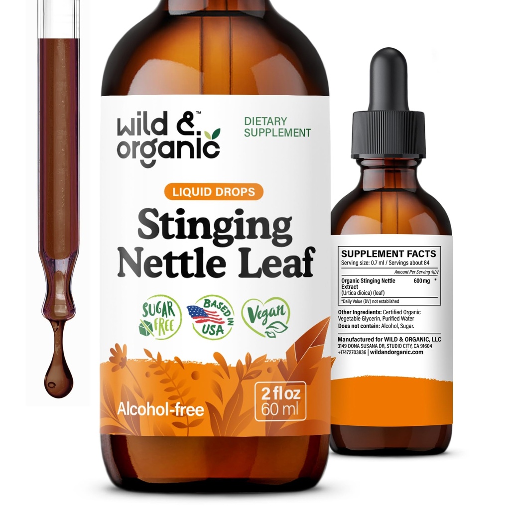 Wild & Organic Stinging Nettle Leaf Extract Drops - virtsanjohdin tuki - Liquid Stinging Nettle Supplement - Urtica Dioica Tincture - 2-kuukautinen tarjonta - Vegaani, sokeri & alkoholiton - 2 fl oz