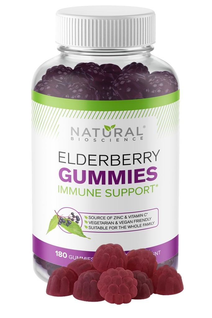 Luonnollinen BioScience Sambucus Elderberry Gummies C-vitamiini & Sinkki, Immuunituki aikuisille & lapsille, Päivittäinen antioksidantti & wellness Boost, 180 vegaania, gluteeniton, pureskeltava Elderberry Gummies