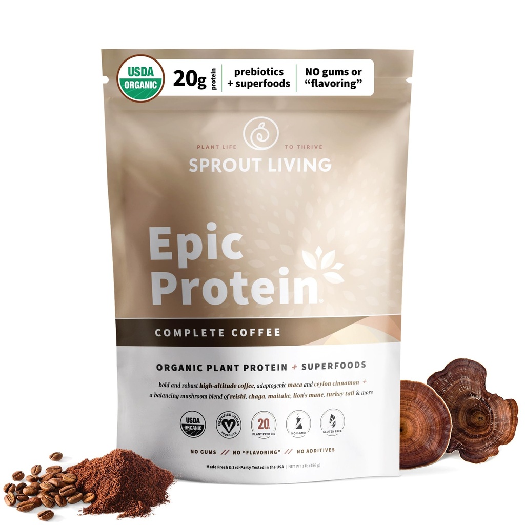 Sprout Living, Epic Protein, Plant Based Protein & Superfoods Powder, Complete Coffee | 20 Grams Organic Protein Powder, Adaptogens, Mushrooms, Vegan, Non-GMO, Gluten Free (1 pund, 12 portioner)