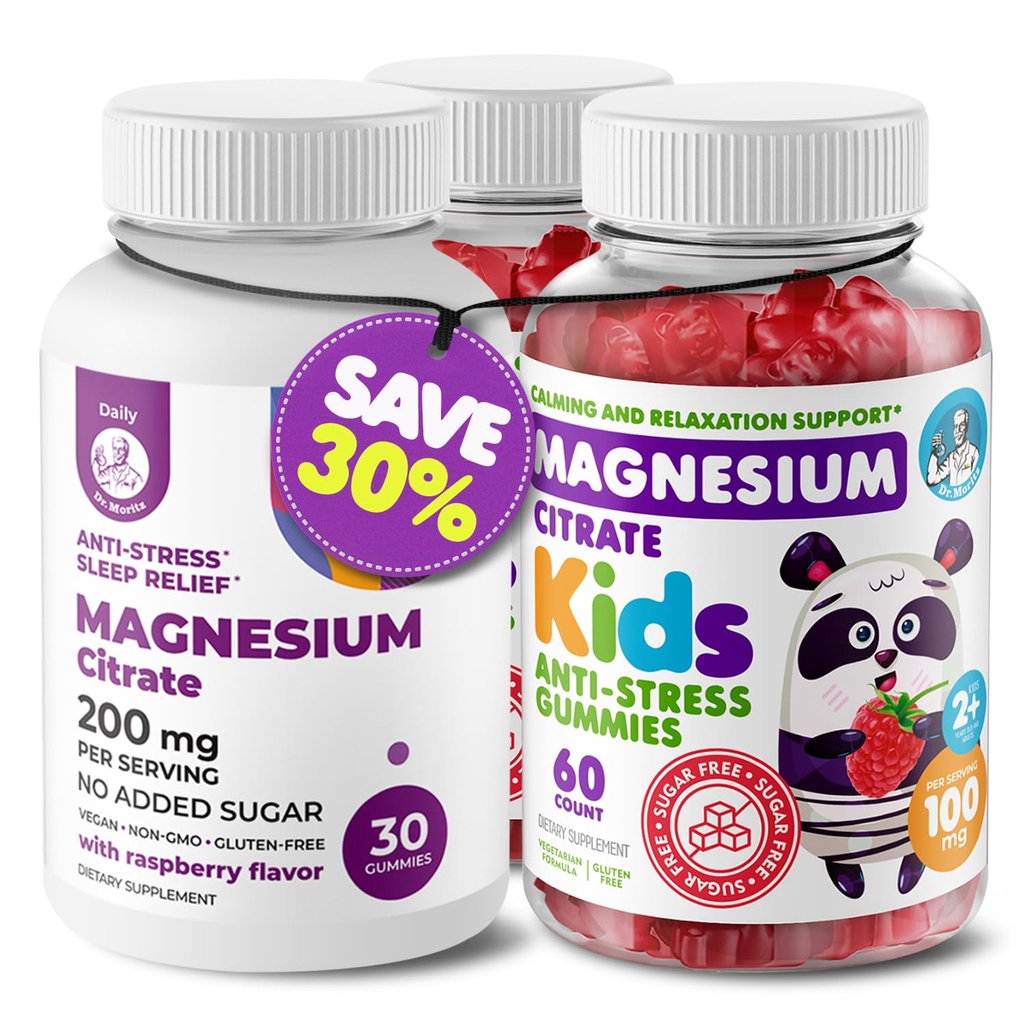 DR. MORITZ Magnesium Bundle - Gummies aikuisille (200 mg, 30 Count) ja Kids Magnesium Gummies (60 Count, 2 Pack) - Sokeriton