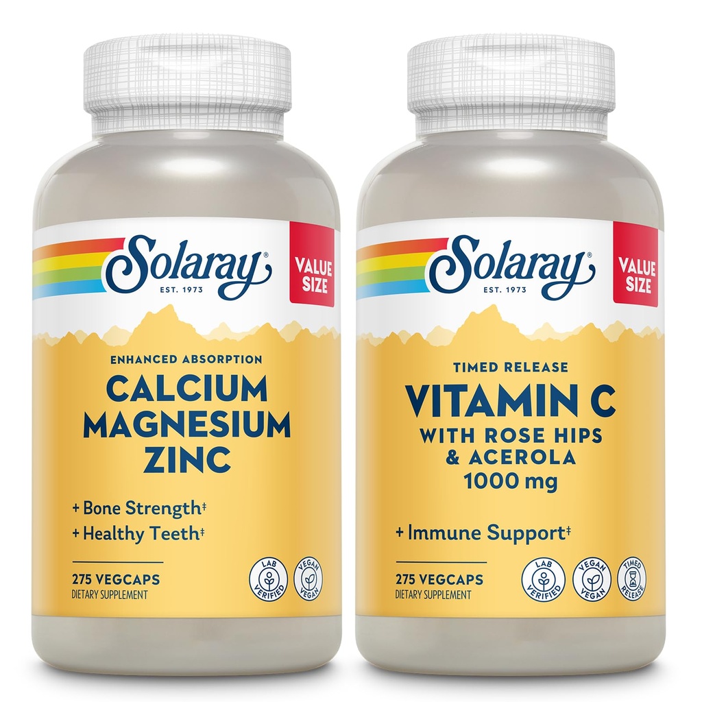 SOLARAY Kalsium Magnesium Sinkki ja ajoitettu vapauttaa C-vitamiini - luun terveys, immuuni tuki Bundle, 1000 mg kalsium, 500 mg magnesium, 1000 mg C-vitamiini täydentää, vegaaninen, 60 päivän takuu, 275 VegCaps Each