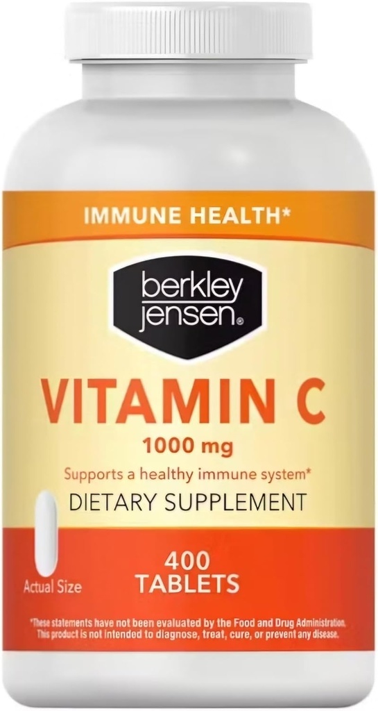 berkley Jensen 1000 mg C-vitamiinilisä (400 tablettia), ekstravahvuus Päivittäinen immuunipuolustustuki miehille ja naisille, sokeri ja gluteeniton askorbiinihappo, puhdas