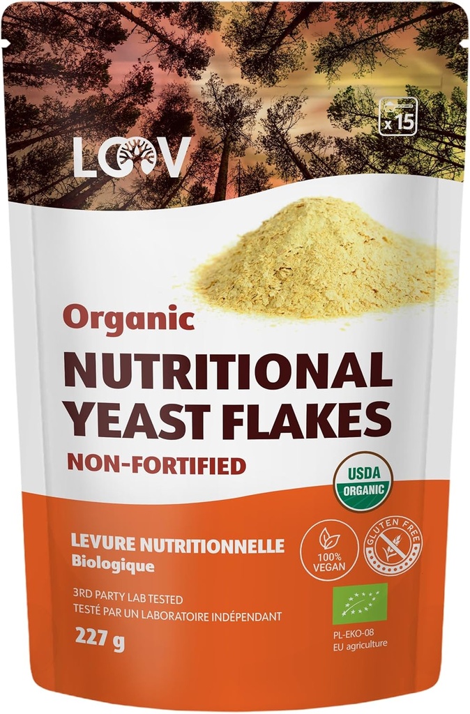 LOOV Organic Non-Fortified Nutritional Yeast Flakes - Vegan, Gluteeniton, ei-GMO-vahvistettu Nooch - Hyvä lähde Natural B-vitamins - Ei lisätty suolaa tai sokeria - Resealable Bag, 8 Ounces (227 grammaa)