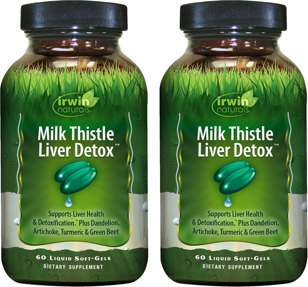 Irwin Naturals Milk Thistle Liver Detox - 60 Liquid Soft-Gels, pakkaus 2 - Tukee maksan terveyttä kanssa Voikukka, Artisokka, Turmeerinen & vihreä juuri - 60 Yhteensä