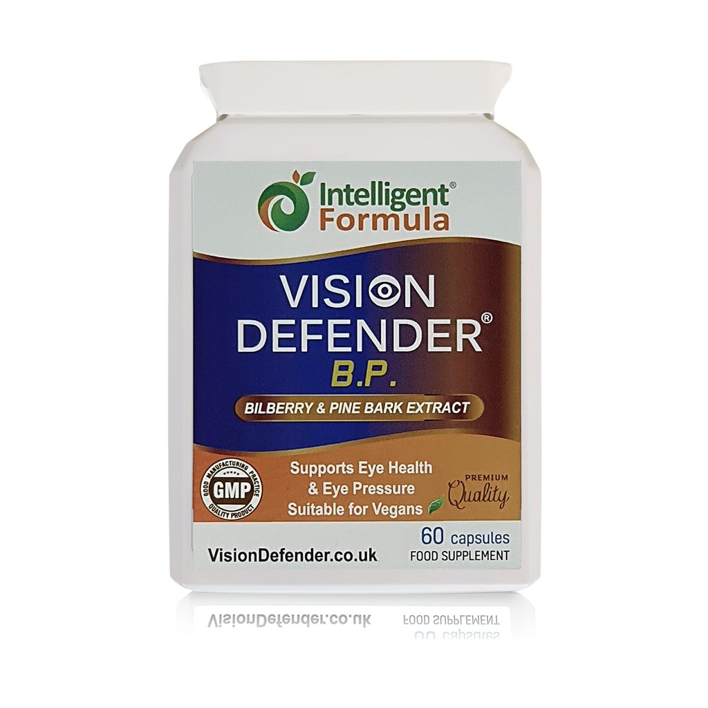 Vision Defender BP Eye Supplement: Mustikka ja mänty Bark Uutteet silmänpaineeseen ja silmien terveyteen tukea (60 vegaaniset kapselit)