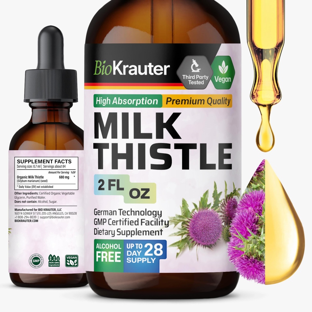 BIO KRAUTER Milk Thistle Liquid Drops - Milk Thistle Silymarin Liver Support Supplement - Alkoholiton ja sokeriton tincture maksan Cleanse Detox - 2 Fl. Oz.