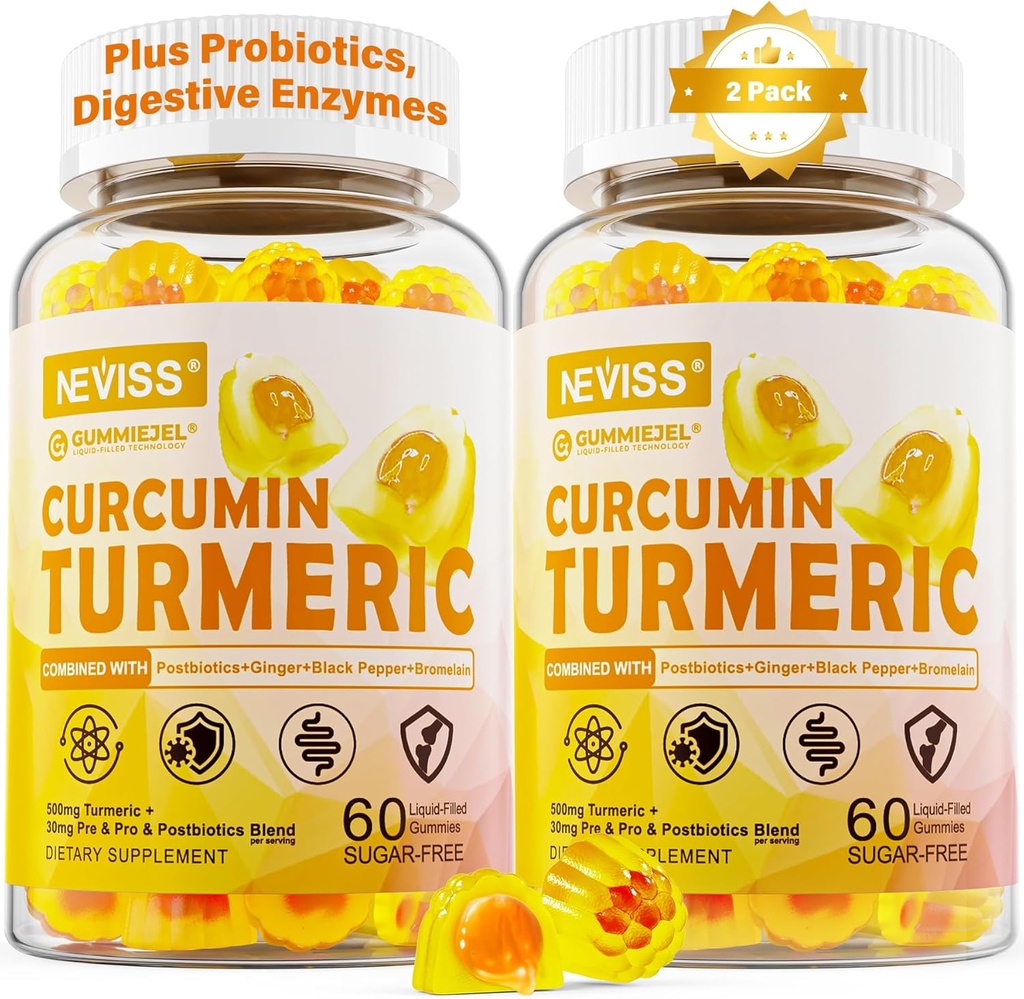 Sugar Gratis Turmeric Curcumin Fylld Gummies 550mg för vuxna, Ginger & Black Pepper | 95% Curcuminoids w / Prebiotic Probiotic & Postbiotic Blend, Support, Immune & Digestive Health, Vegan, 2Pack