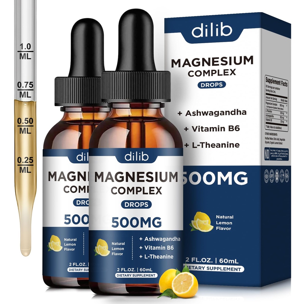 (2 pakkaus) Magnesium Glycinate, Sitraatti, malaattinesteen drops-triple Magnesium Complex Supplement 500 mg kanssa Ashwagandha, L-Teaniini, B6-vitamiinia, Stressin lievitystä, unta, Lihas-sitruunan maku