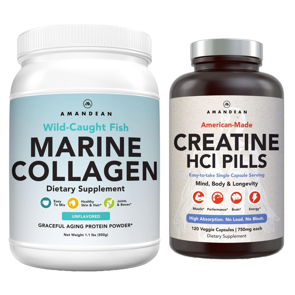 AMANDEAN Premium Creatiini HCl & Marine Collagen Bundle. USA-Made CON-CRET. 7X Voiöljy. Villikalakollageeniproteiinia. Tuki Recovery & Lean Muscle. Terve iho