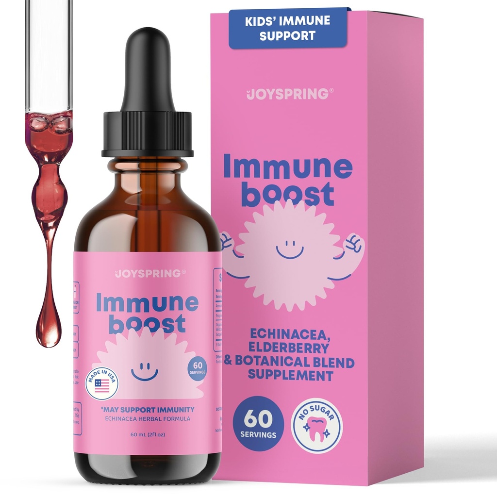 JoySpring Immune Drops - Kids Immune Support Liquid Supplement (2 fl oz) - Echinacea, Elderberry, Oregon Grape Root, Orange Peel, vitamin A, B6, C - Naturligt stödsystem för barn och vuxna
