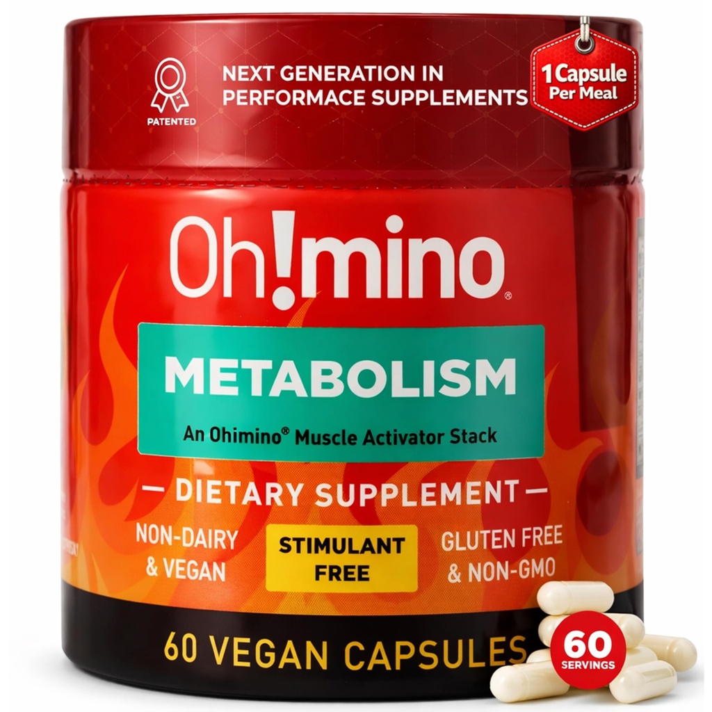 Oh!mino Metabolism Support Supplement for Efficient Fat to Energy Conversion w/L-Carnitine, Phenylcapsaicin, & Vitamin B3 - Non-Jitters, Stimulant-Free, Vegan, Non-Dairy Capsules (60 portioner)