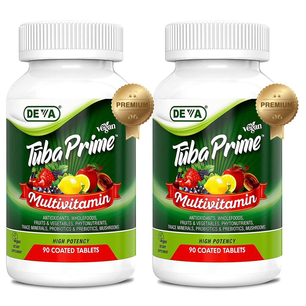 Deva Tuba Prime Vegan Multivitamiini Korkea-Potenssi-vitamiini- ja mineraaliravintolisä Antioksidantit, Hedelmien ja vihannesten sekoitus, Supersienet, Probiootit, Prebiootit, Siemenet, Yrtit - 90 Tabs, 2-pakka