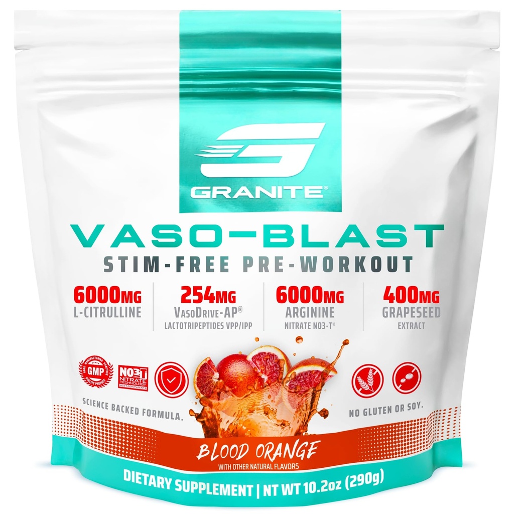 Granit Nutrition Vaso Blast Stim-Free Pre Workout - Non-Stim Nitric Oxide Support för Pump, Physique och Muscle Capacity - Blood Orange (290g)