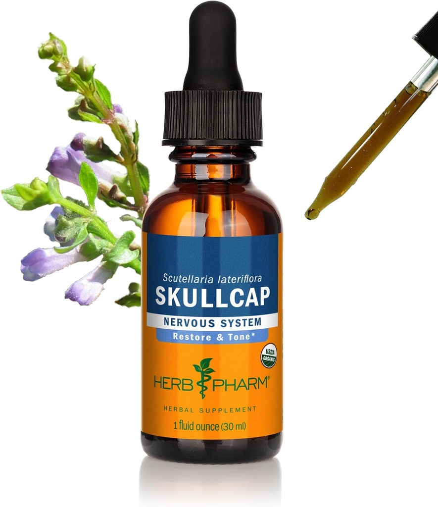 Herb Pharm Certified Organic Skullcap Liquid Extract Hermoston tukea, Organic Cane alkoholi, 1