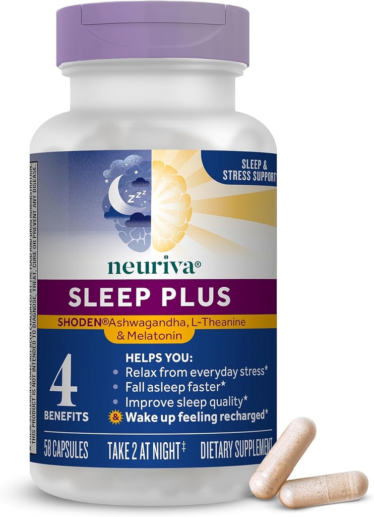 NEURIVA Sleep Plus med 4-i-1 fördelar - kliniskt testade Ashwagandha, L-Theanine & Melatonin - Minska stress, somna snabbare, förbättra sömnkvaliteten, vakna upp förfriskad *, 58ct kapslar