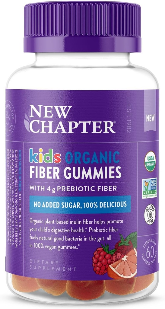 Uusi luku Organic Fiber Gummies lapsille, 4g herkullinen Plant-Baseed Prebioottikuitua Ruoansulatus-, vegaaninen, ei-GMO, USDA Organic, Gluteeniton, Citrus-Berry Flavored, 60 t