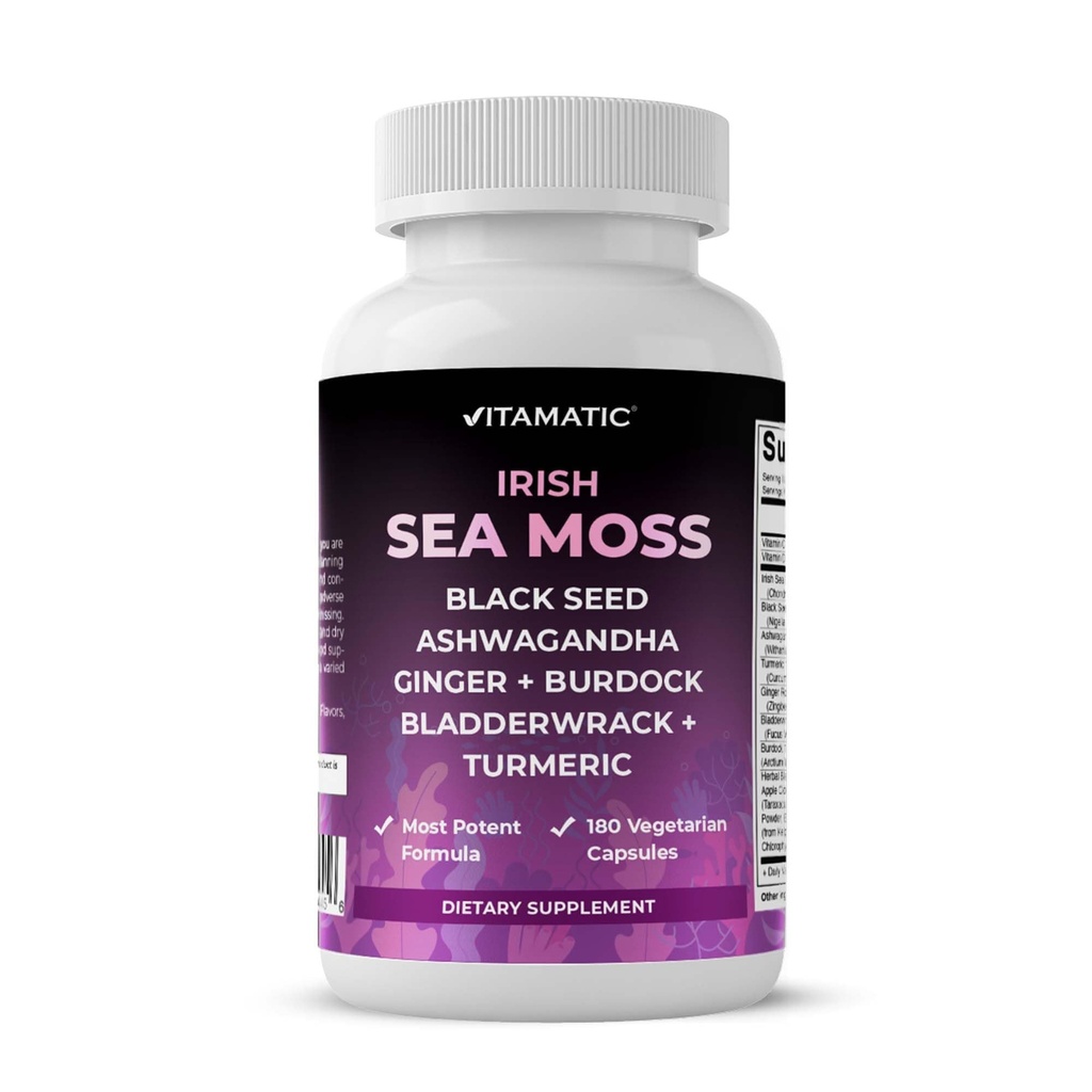 Vitamatic Sea Moss mustan siemenöljyn, Ashwagandhan, kurmerin, rakkomurskan ja Burdockin kanssa - 180 vegan kapselia